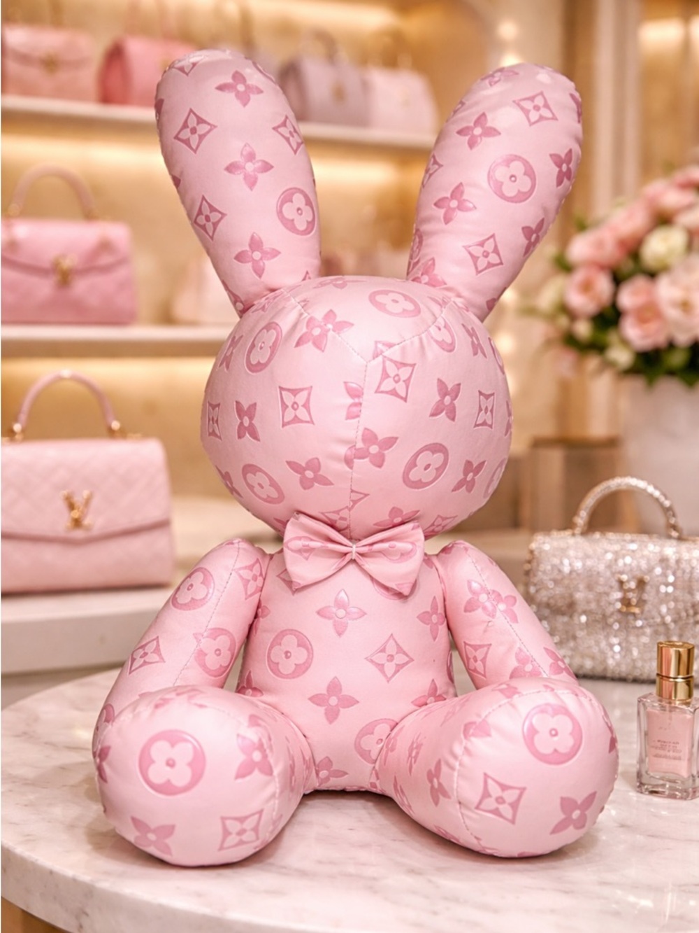 SHIPS FAST - Pink Leather Easter Bunny Rabbit - 1 Foot, 3 Inches Tall Teddy Bear